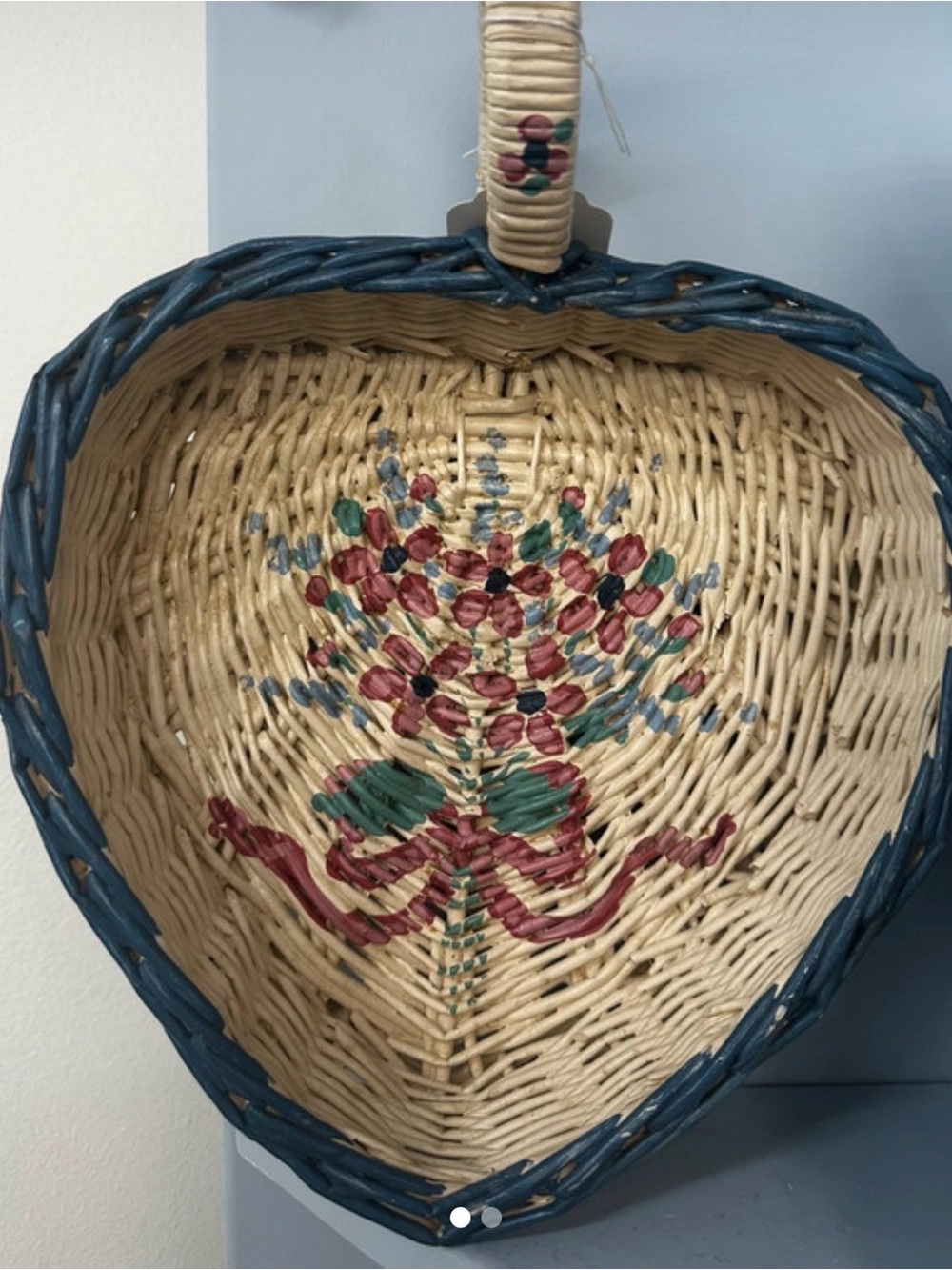 Vintage Handwoven Heart Basket with Floral Accent - Natural and Blue